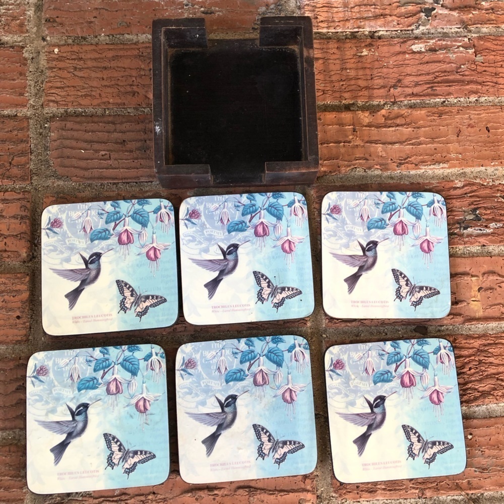 Set of 6 Vintage Pimpernel Hummingbird & Butterfly Cork Back Coasters & Holder